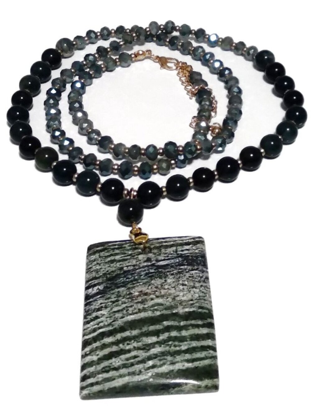 Handcrafted Green Zebra Jasper Long Beaded Pendant Necklace